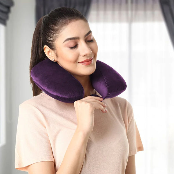 Velvet Neck Rest Pillow / Travel Pillow For Comfort & Support (Purple)