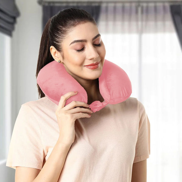 Velvet Neck Rest Pillow / Travel Pillow For Comfort & Support (Pink)