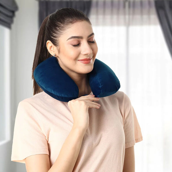 Velvet Neck Rest Pillow / Travel Pillow For Comfort & Support (Blue)