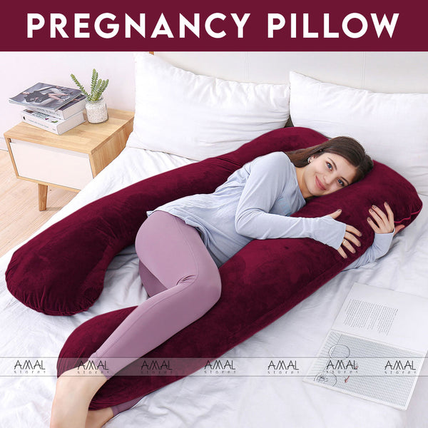 U Shape Velvet Stuff Pregnancy Pillow / Sleeping Support Pillow in Maroon Color