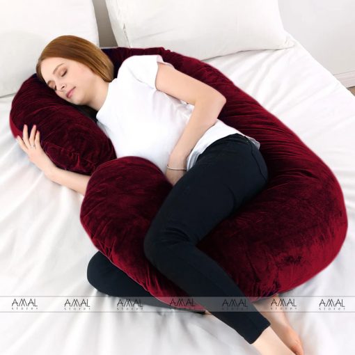 C Shape Velvet Stuff Pregnancy Pillow / Sleeping Support Pillow in Maroon Color